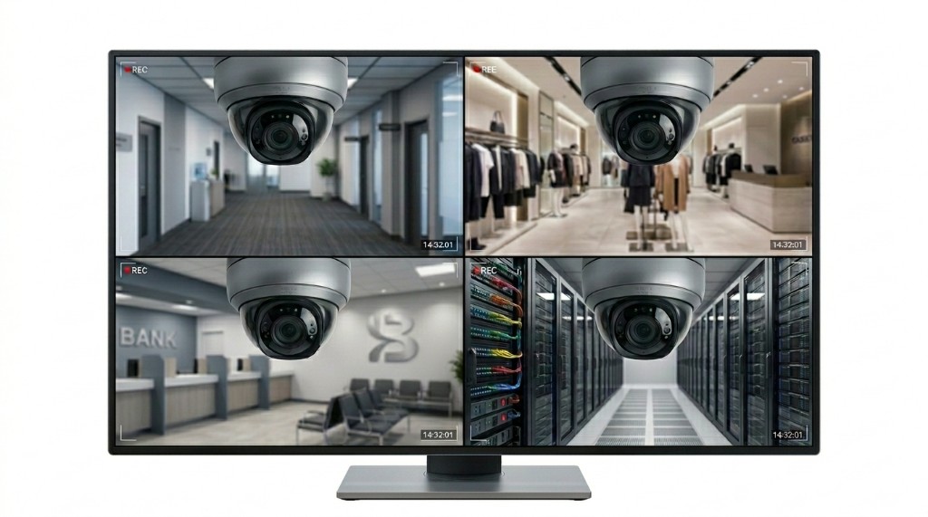 Monitor mit Vierfach-Ansicht der Kamerakanäle