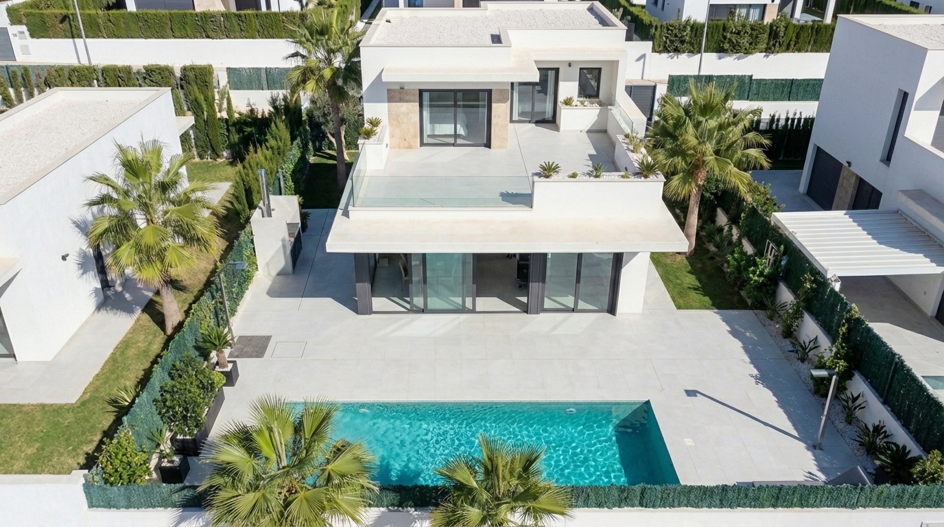 Bungalow Spanien, Eingangs- und Gartenansicht