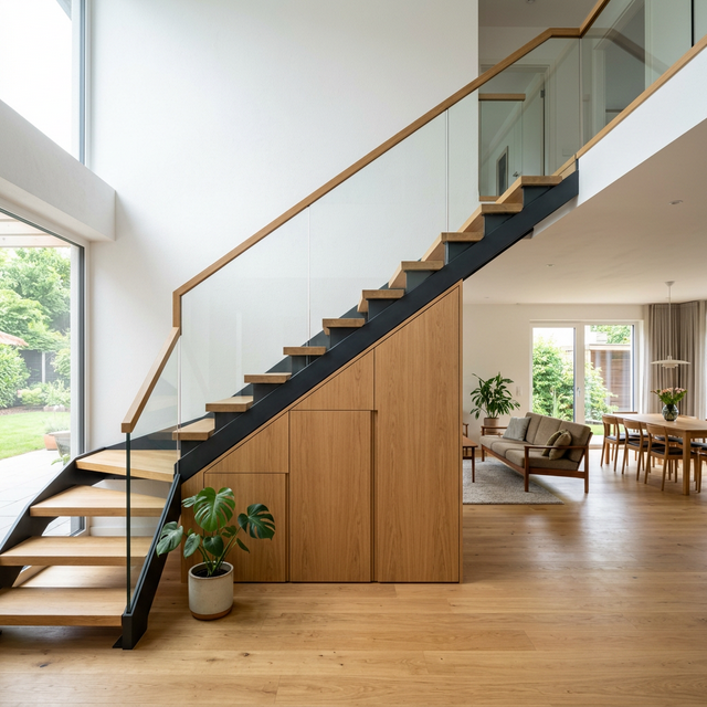 Holztreppe mit Einbauschränken Detailansicht