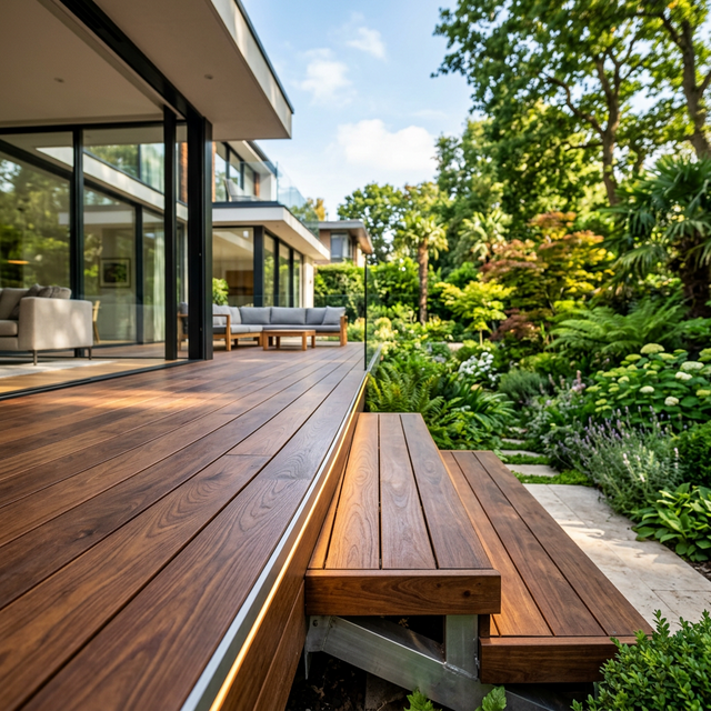 Holzterrasse Detailansicht mit Beleuchtung