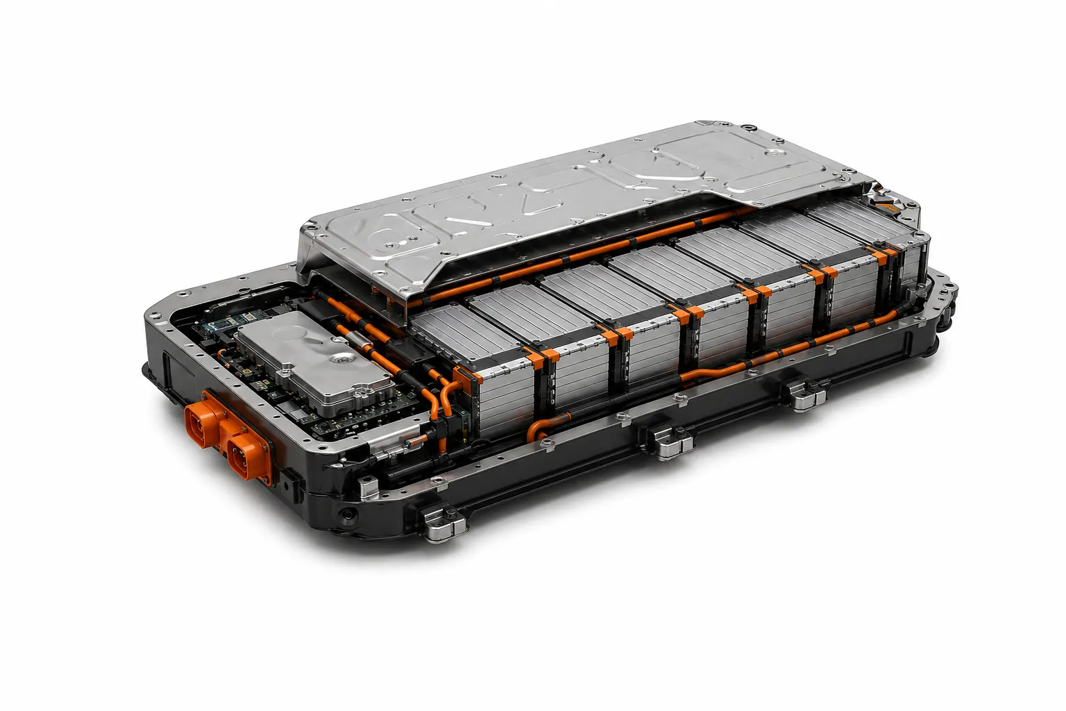 Beschrifteter Aufbau eines E-Auto-Batteriepacks